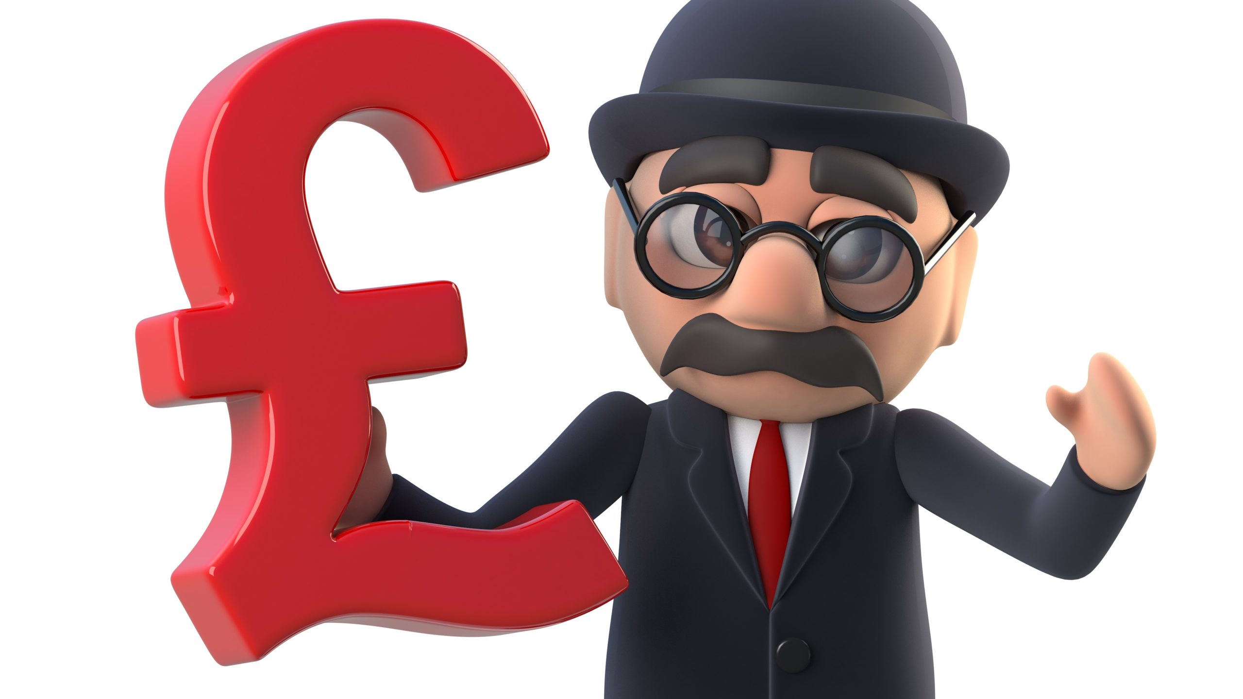  3d render of a bowler hatted British businessman holding UK pound symbol, business rates concept 