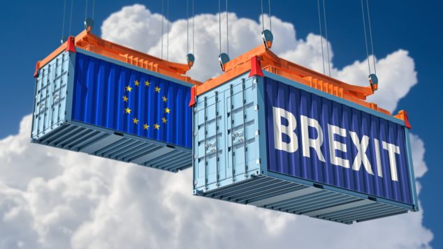  Freight containers with EU flag and Brexit legend, Brexit imports concept 